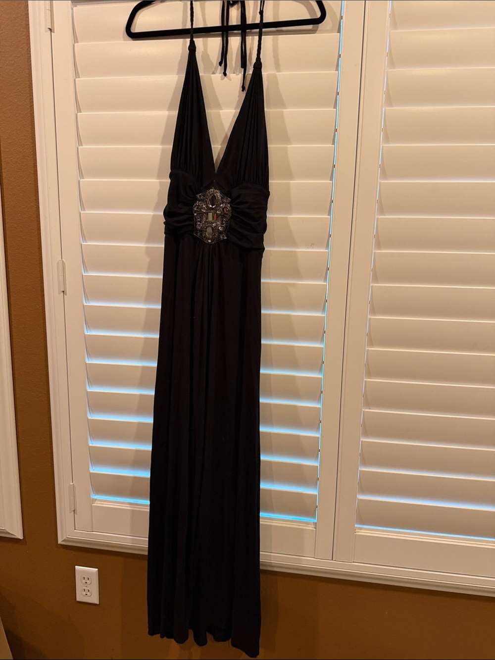 Sky Black Jersey Halter Evening Maxi Dress with Embellished Metal/Crystal Waist